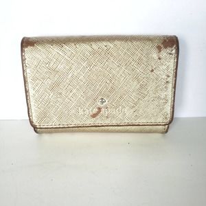 Kate Spade ID Window Wallet Coin Card Key Ring Case Metalic Gold Small Poor